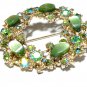 VINTAGE Beautiful Gold Green Thermoset Green/Green A/B Rhinestone Wreath BROOCH