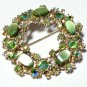 VINTAGE Beautiful Gold Green Thermoset Green/Green A/B Rhinestone Wreath BROOCH