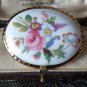 VINTAGE Large Oval Gilt Edge White Ceramic/Pot Pink Floral Printed BROOCH