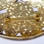 VINTAGE 1990 Large Goldtone Oval White/Green/Pink Champleve Enamel Floral BROOCH