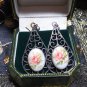 Vintage 1950-s Silver Filigree Teardrop White Ceramic & Pink Rose Drop EARRINGS