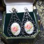 Vintage 1950-s Silver Filigree Teardrop White Ceramic & Pink Rose Drop EARRINGS