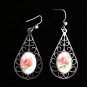 Vintage 1950-s Silver Filigree Teardrop White Ceramic & Pink Rose Drop EARRINGS