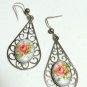 Vintage 1950-s Silver Filigree Teardrop White Ceramic & Pink Rose Drop EARRINGS