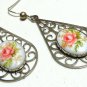 Vintage 1950-s Silver Filigree Teardrop White Ceramic & Pink Rose Drop EARRINGS