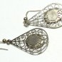 Vintage 1950-s Silver Filigree Teardrop White Ceramic & Pink Rose Drop EARRINGS
