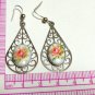 Vintage 1950-s Silver Filigree Teardrop White Ceramic & Pink Rose Drop EARRINGS