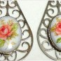 Vintage 1950-s Silver Filigree Teardrop White Ceramic & Pink Rose Drop EARRINGS