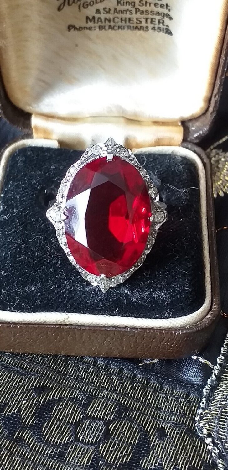 Antique Vintage 1930-s Large Red Paste Sterling Silver Ring Size UK O, US 7