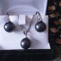Vintage 1970-s Black Large Pearl Sterling Silver Necklace/Earrings Set in Box