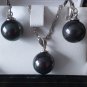 Vintage 1970-s Black Large Pearl Sterling Silver Necklace/Earrings Set in Box