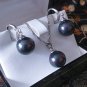Vintage 1970-s Black Large Pearl Sterling Silver Necklace/Earrings Set in Box