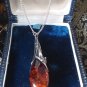 Antique Vintage 1940-s Sterling Silver Large Cognac Amber Pendant on Chain.