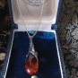Antique Vintage 1940-s Sterling Silver Large Cognac Amber Pendant on Chain.