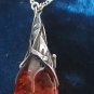 Antique Vintage 1940-s Sterling Silver Large Cognac Amber Pendant on Chain.