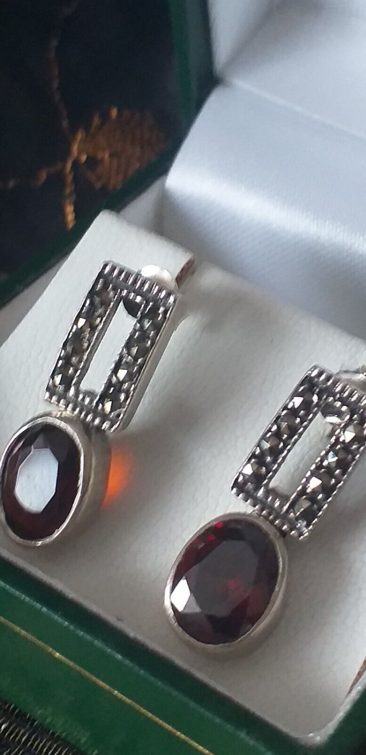 Vintage 1970-s Ruby and Marcasite Sterling Silver Earrings
