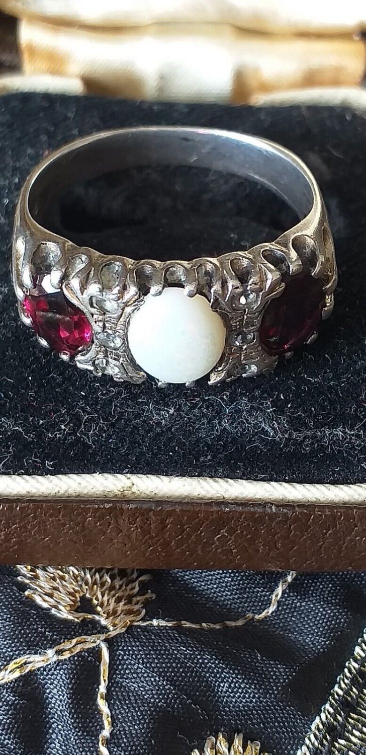 Antique Vintage Victorian 1890-s Ruby and Milky Opal Silver Ring UK P, US 7 1/2