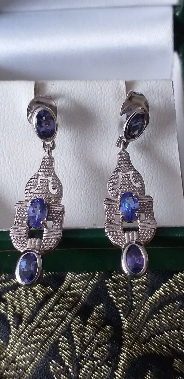 Vintage 1990-s Amethyst Sterling Silver Drop Earrings - Beautiful Design!