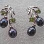Vintage 1990-s  925 Sterling Silver Earrings with Peridot/Black Pearls in Box.