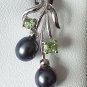 Vintage 1990-s 925 Sterling Silver Earrings with Peridot/Black Pearls in Box.