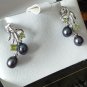Vintage 1990-s 925 Sterling Silver Earrings with Peridot/Black Pearls in Box.