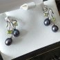 Vintage 1990-s 925 Sterling Silver Earrings with Peridot/Black Pearls in Box.