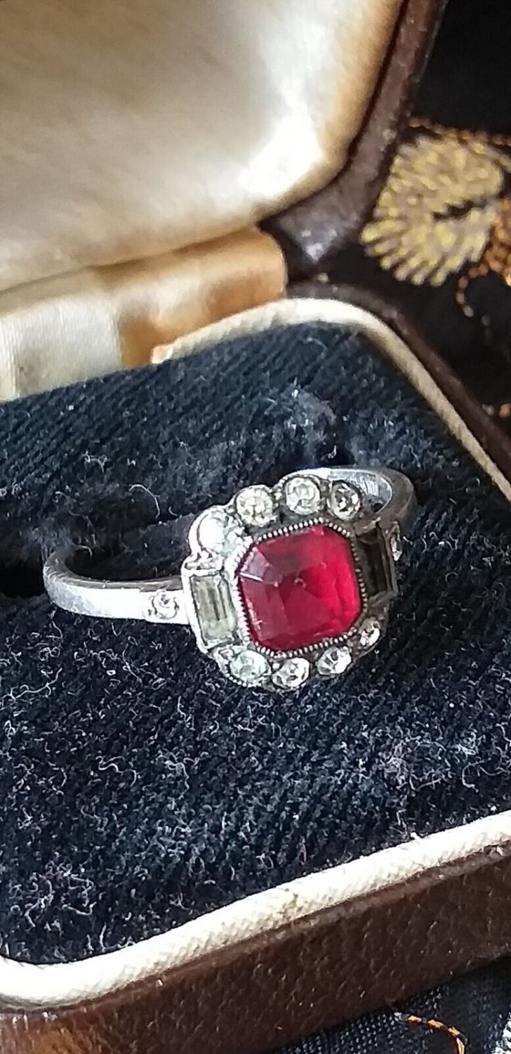 Antique Vintage Victorian 1860-s Ruby/Zircons Silver Ring Size UK L, US 5 3/4