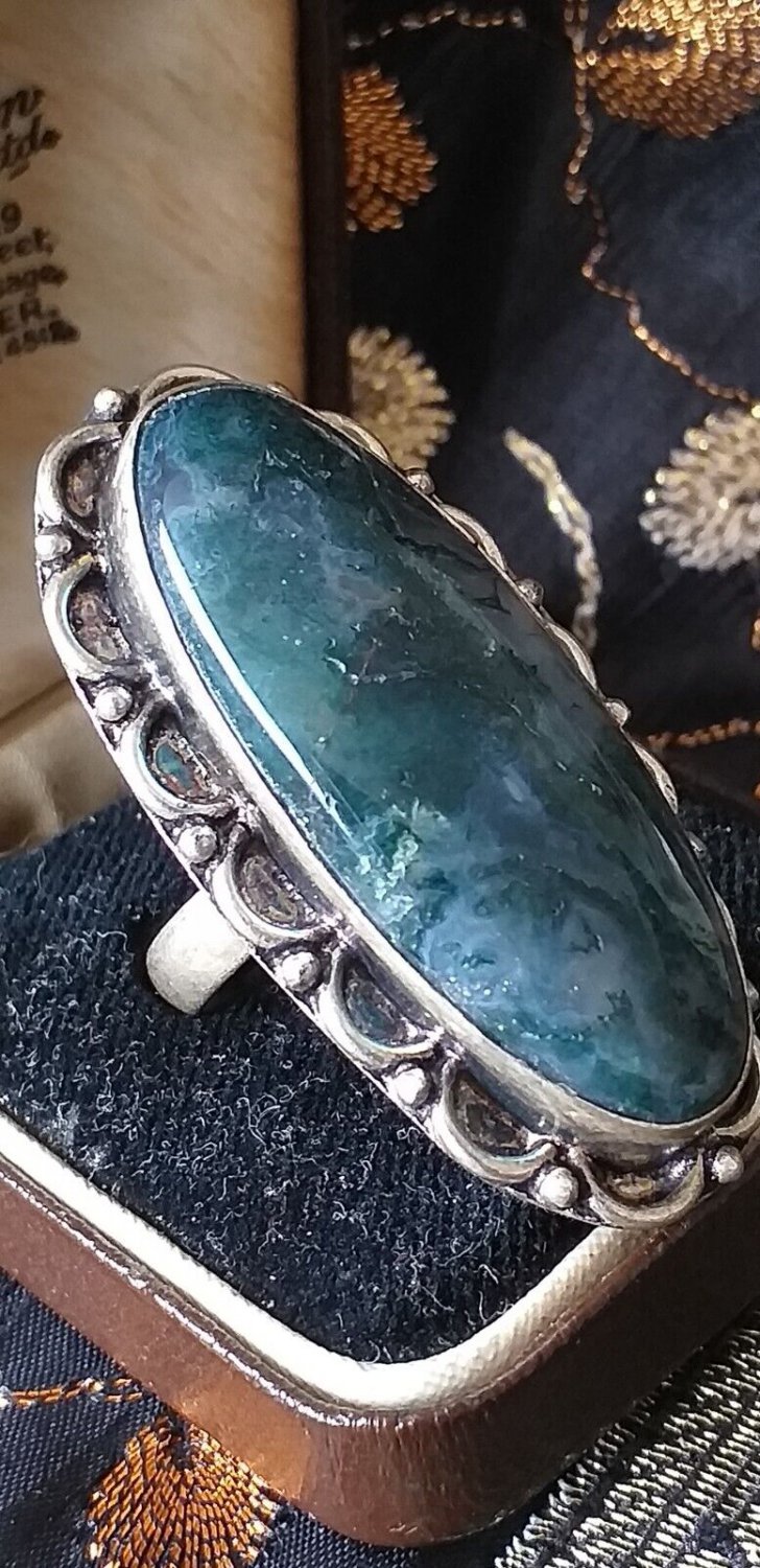 Antique Vintage 1920-s Extremely Large Silver Moss Agate Ring Size US 6 .5 ,UK M