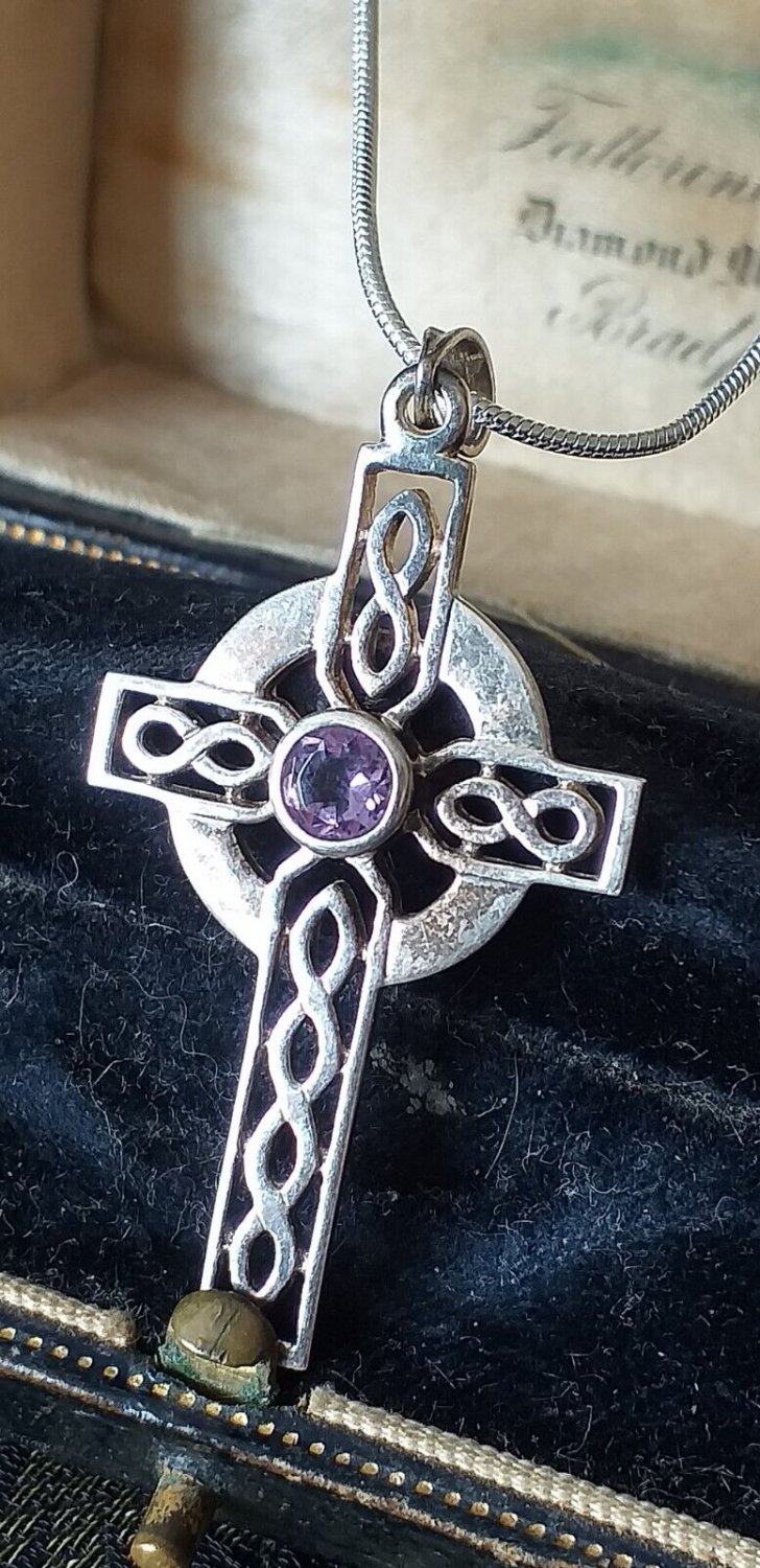 Vintage 1950-s 925 Silver/ Amethyst Large Celtic Cross Pendant on Modern Chain.