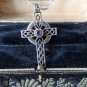 Vintage 1950-s 925 Silver/ Amethyst Large Celtic Cross Pendant on Modern Chain.