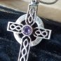 Vintage 1950-s 925 Silver/ Amethyst Large Celtic Cross Pendant on Modern Chain.