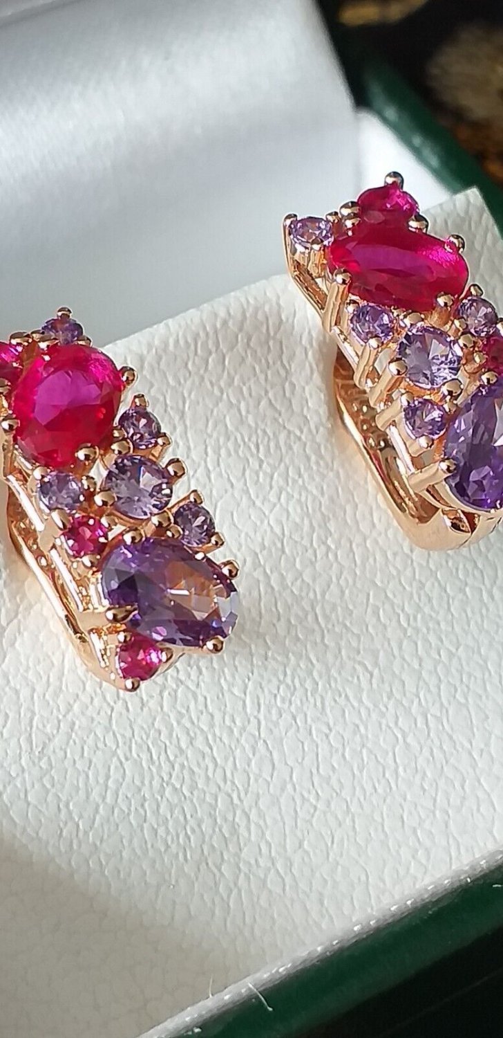 Vintage 1990-s 14 Ct Rolled Gold Ruby / Amethyst Earrings-Hallmarked 585 RG