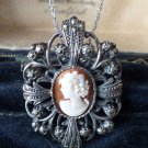 Antique Vintage 1930-s Sterling Silver 925 Large Cameo Pendant & 20 Inch Chain.