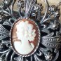 Antique Vintage 1930-s Sterling Silver 925 Large Cameo Pendant & 20 Inch Chain.