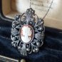 Antique Vintage 1930-s Sterling Silver 925 Large Cameo Pendant & 20 Inch Chain.