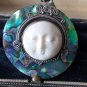 Vintage 1970-s 925 Silver Large Abalone Face Pendant on 18 in Modern Chain.