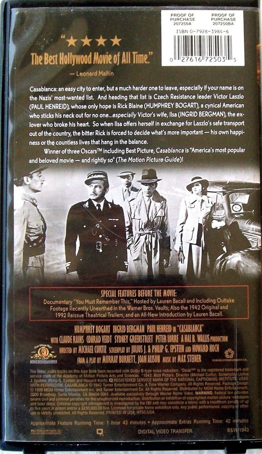 Casablanca (VHS, 2001, Special Edition) Humprey Bogart, Ingrid Bergman
