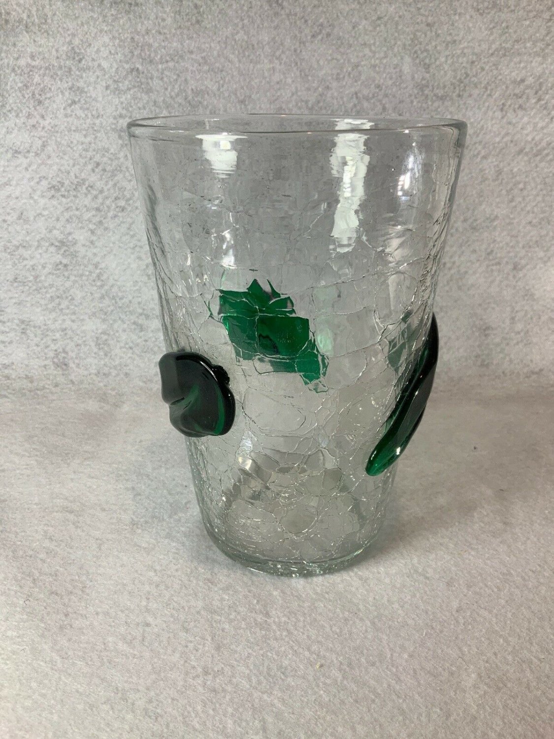 Vintage Blenko 366 Hand Blown Glass Crystal Clear Crackle Vase Green Leaves 7"