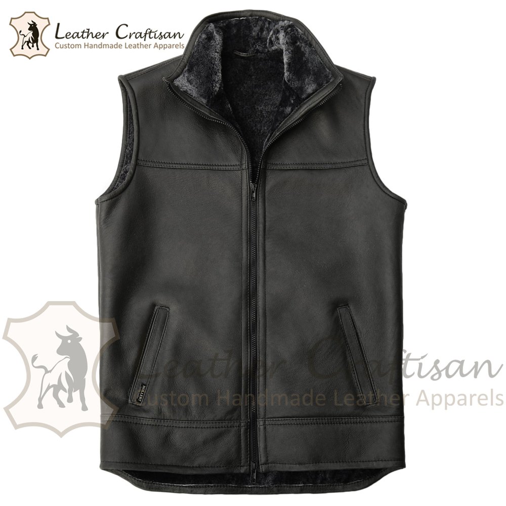 Size (XS - 6XL) Men's Genuine Sheepskin Black Shearling Fur Leather VEST in B3 Bomber Leather vest