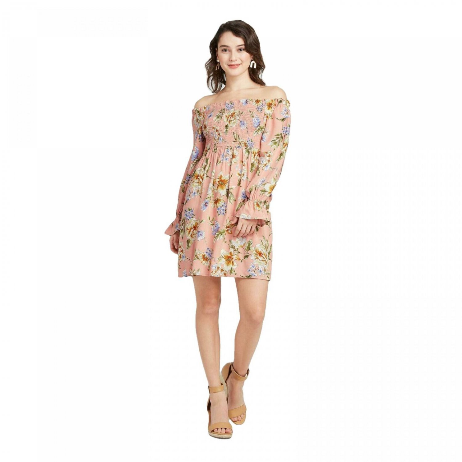 Xhilaration Women's Floral Print Long Sleeve Smocked Top Mini Dress X ...