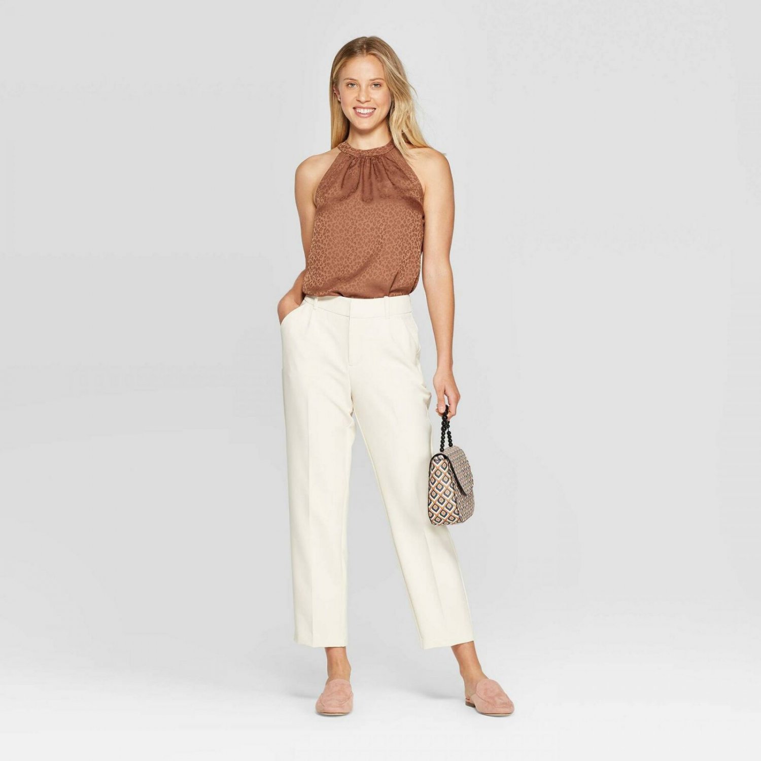 A New Day Women's Mid Rise Regular Fit Pleated Trouser Pants 12 Cream