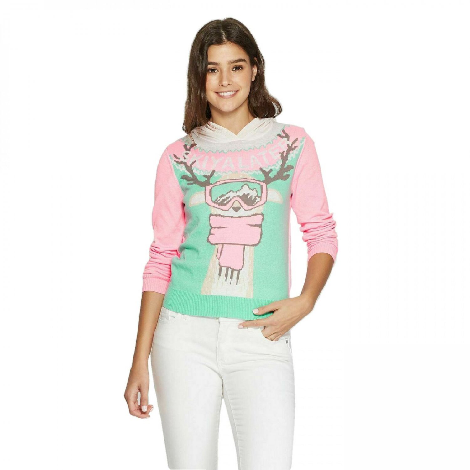 Well Worn Women's Ski Ya Later Hooded Ugly Holiday Sweater Medium Pink