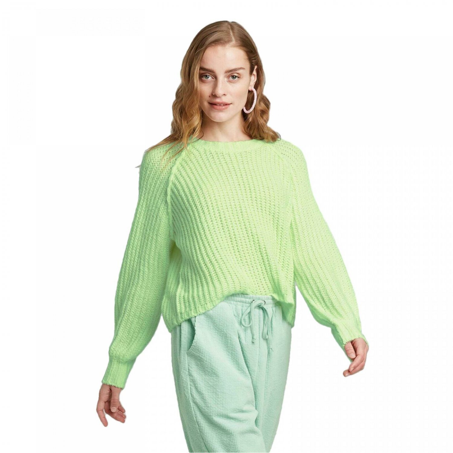 Wild Fable Womens Crewneck Raglan Pullover Sweater Small Bright Green