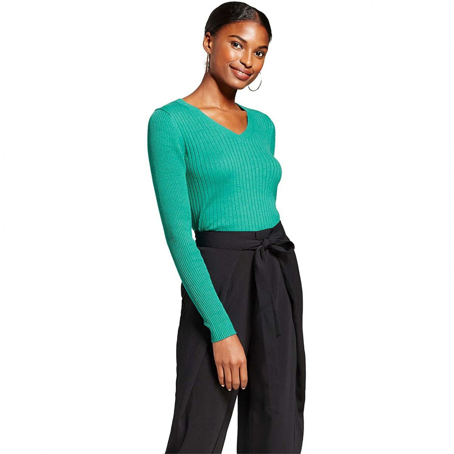 A New Day Women's Solid Rib Knit V-Neck Pullover Sweater Emerald Green