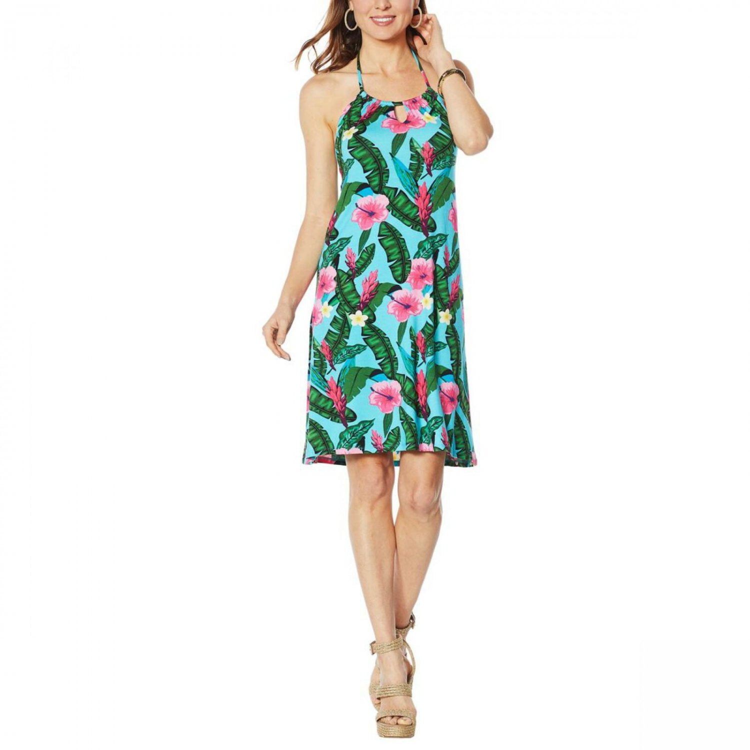 Colleen Lopez Women's Jersey Stretch Floral Print Halter Dress X-Large Blue