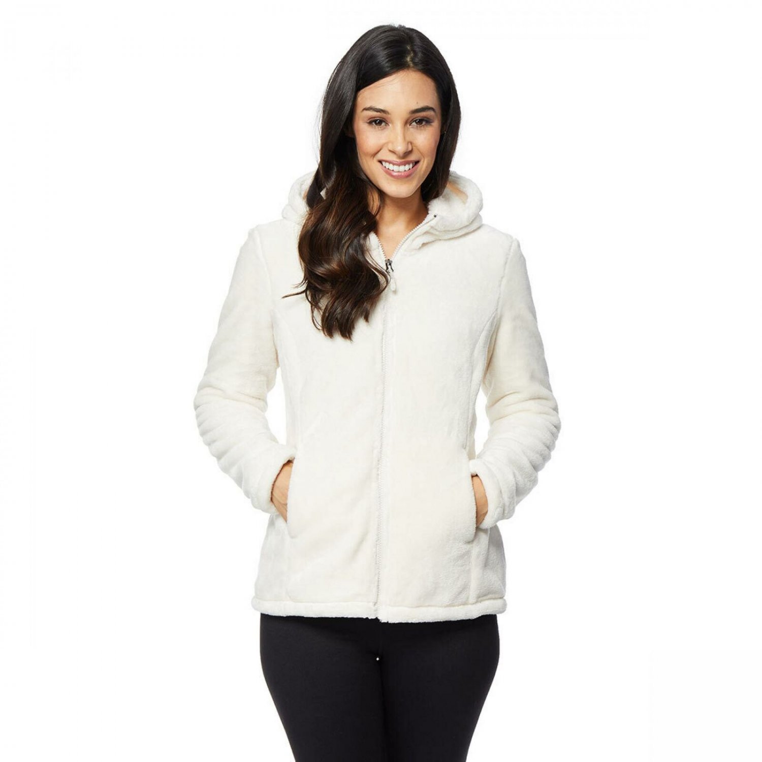 32 Degrees Heat Women's Hooded Plush Faux Fur Fleece Jacket Medium Cream
