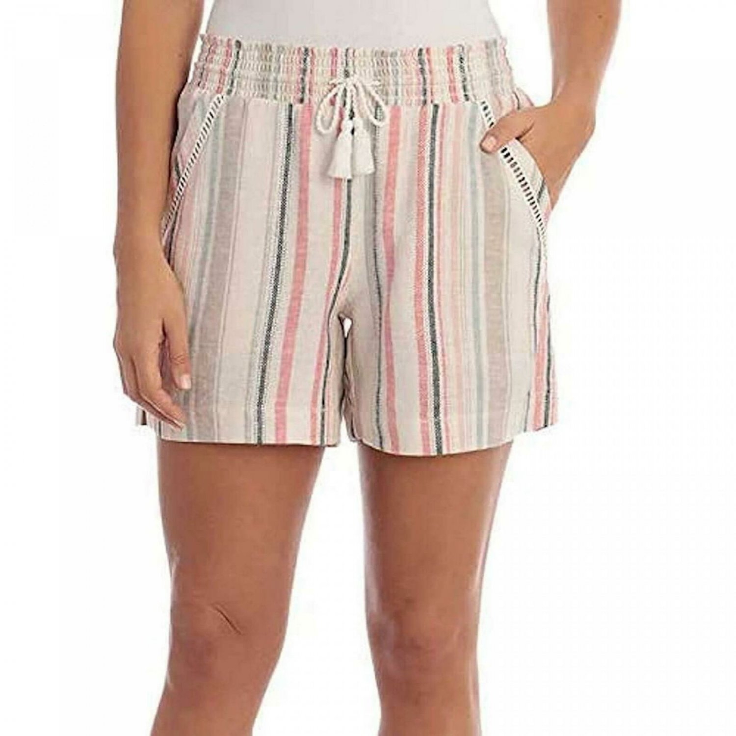 Briggs Women's Smocked Waist Linen Blend Shorts Large Natural / Pink Stripe