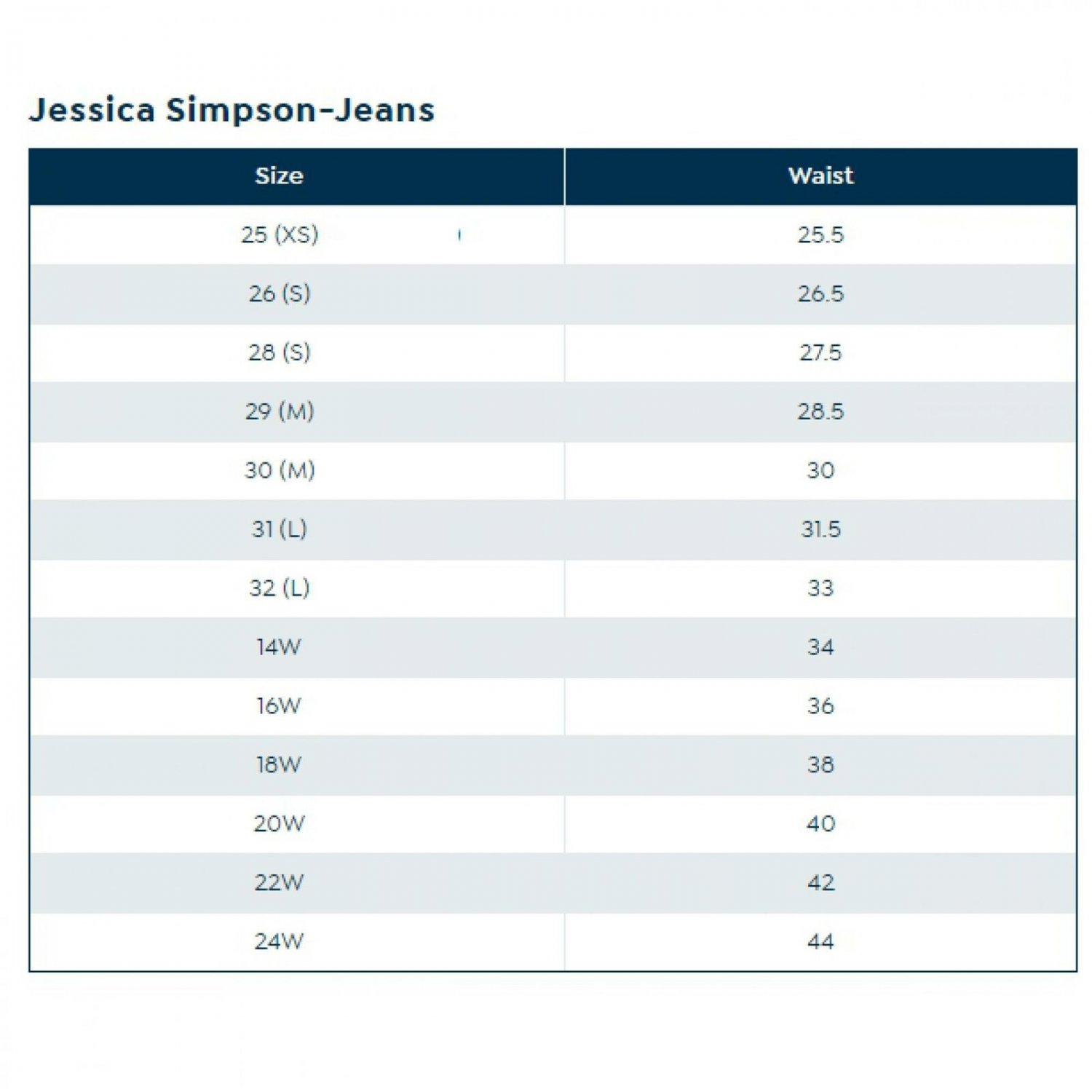 Jessica Simpson Jeans Size Chart