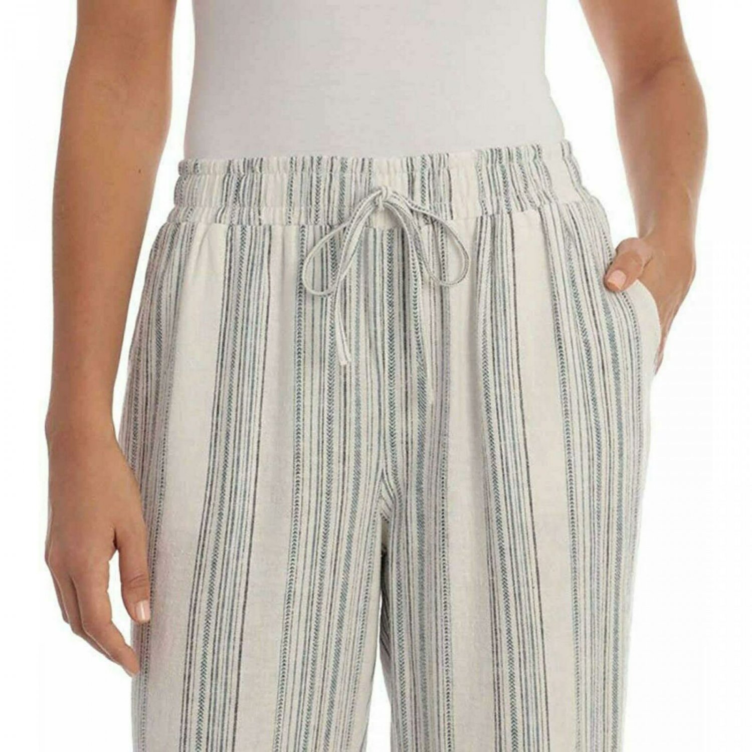Briggs Women's Linen Blend Pull On Elastic Waist Pants Medium White / Blue Stripe