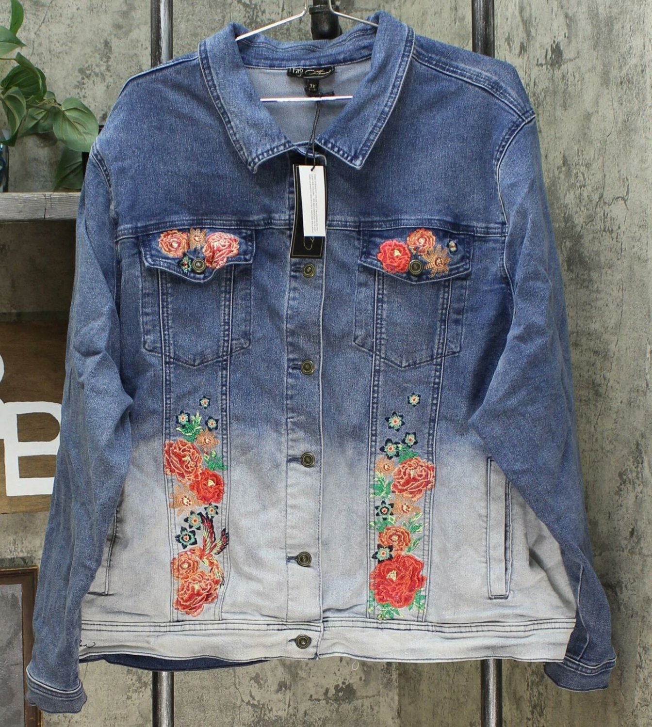 DG2 by Diane Gilman Women's Plus Size Embroidered Signature Denim Jacket Plus 3X Ombre Midtone